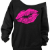  Sexy Dew Shoulder Lips Printed Black Cotton Blends Hoodies