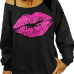  Sexy Dew Shoulder Lips Printed Black Cotton Blends Hoodies