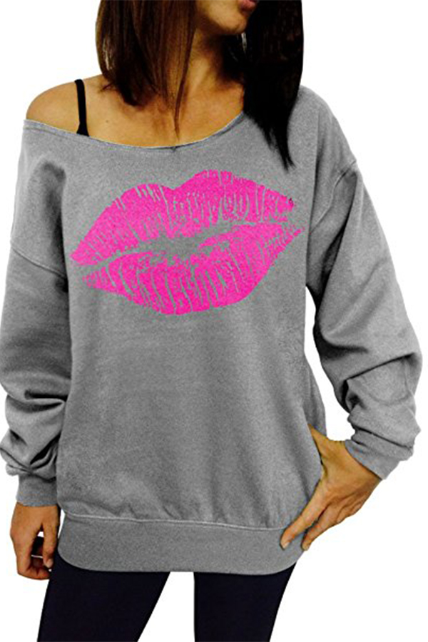  Sexy Dew Shoulder Lips Printed Grey Cotton Blends Hoodies