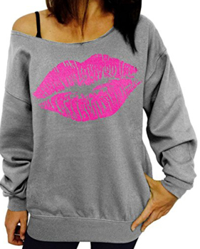  Sexy Dew Shoulder Lips Printed Grey Cotton Blends Hoodies