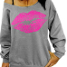  Sexy Dew Shoulder Lips Printed Grey Cotton Blends Hoodies