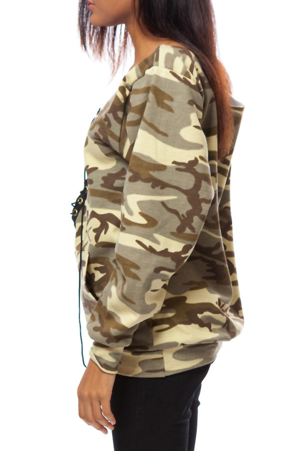  Stylish Deep V Neck Lace-up Camouflage Printed Yellow Polyester Hoodies