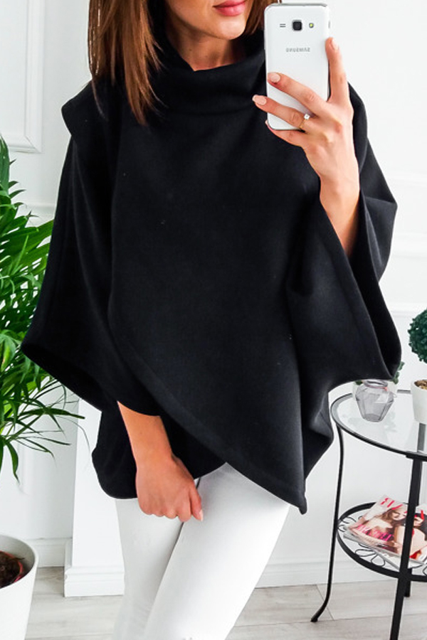  Trendy Turtleneck Asymmetrical Black Cotton Blends Pullovers