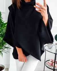  Trendy Turtleneck Asymmetrical Black Cotton Blends Pullovers