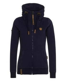 Casual V Neck Long Sleeves Zipper Design Dark Blue Cotton Hoodies Coat