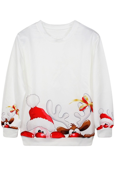 Cheap Casual Long Sleeves Print White Cotton Blend Regular Christmas Pullover Sweat