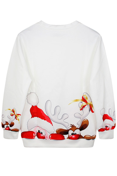 Cheap Casual Long Sleeves Print White Cotton Blend Regular Christmas Pullover Sweat