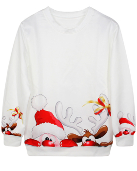 Cheap Casual Long Sleeves Print White Cotton Blend Regular Christmas Pullover Sweat