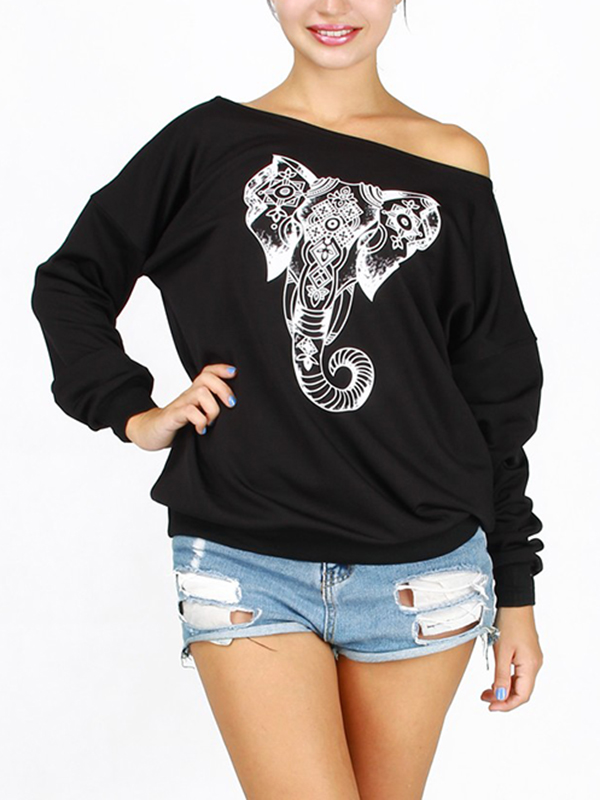 Leisure Dew Shoulder Elephant Print Black Cotton Blends Pullovers