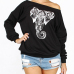 Leisure Dew Shoulder Elephant Print Black Cotton Blends Pullovers