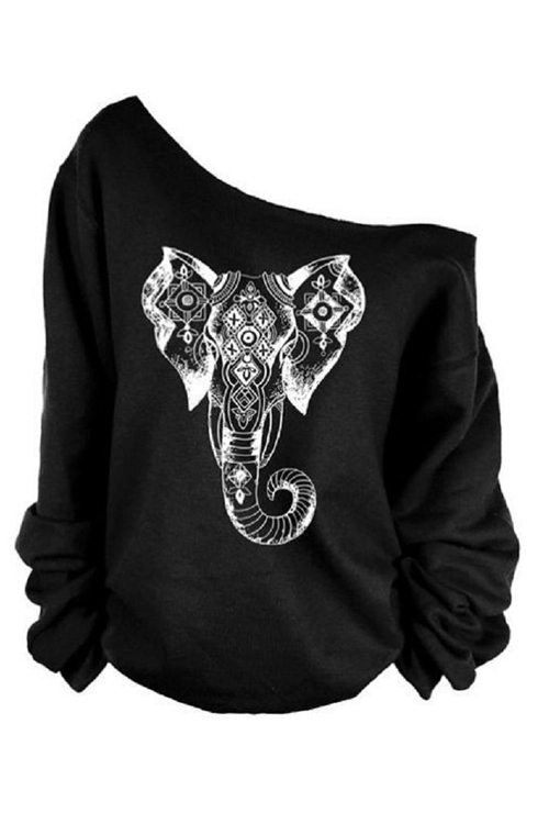 Leisure Dew Shoulder Elephant Printed  Black Polyester Pullovers