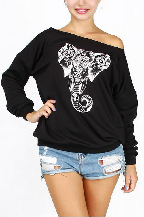 Leisure Dew Shoulder Elephant Printed  Black Polyester Pullovers