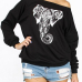 Leisure Dew Shoulder Elephant Printed  Black Polyester Pullovers