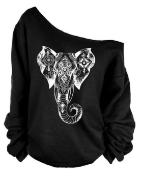 Leisure Dew Shoulder Elephant Printed  Black Polyester Pullovers