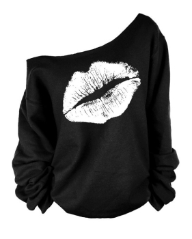 Leisure Dew Shoulder Lip Printing White Blending Pullovers 