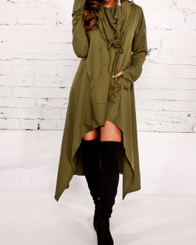 Leisure Heaps Collar Asymmetrical Army Green Cotton Blends Pullovers