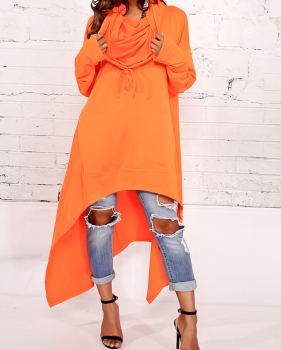 Leisure Heaps Collar Asymmetrical Orange Cotton Blends Pullovers