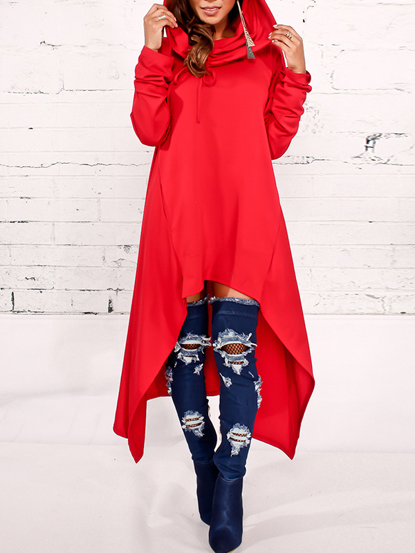 Leisure Heaps Collar Asymmetrical Red Cotton Blends Pullovers