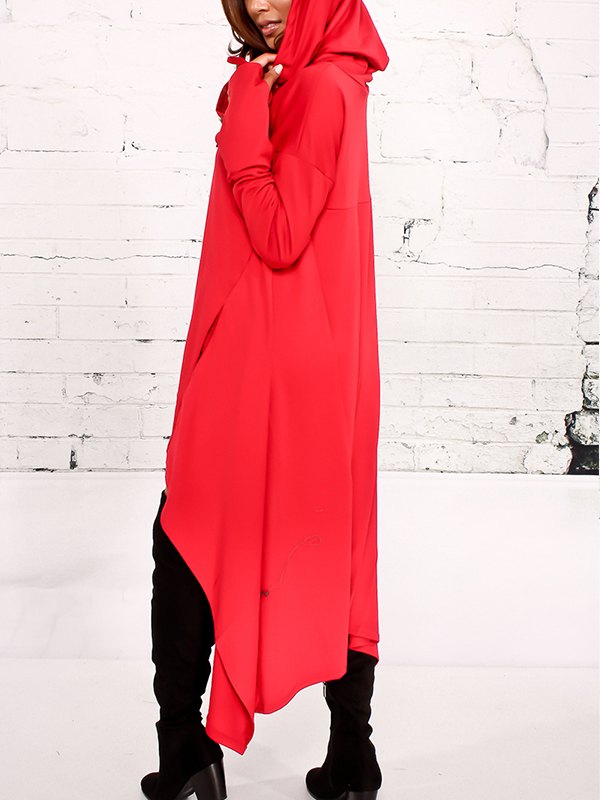 Leisure Heaps Collar Asymmetrical Red Cotton Blends Pullovers