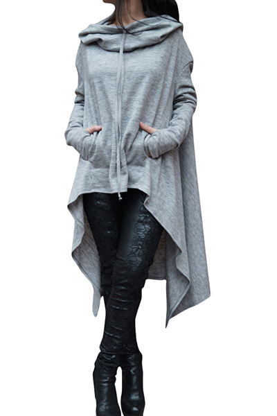 Leisure Long Sleeves Hooded Design Asymmetrical Light Grey Cotton Hoodie