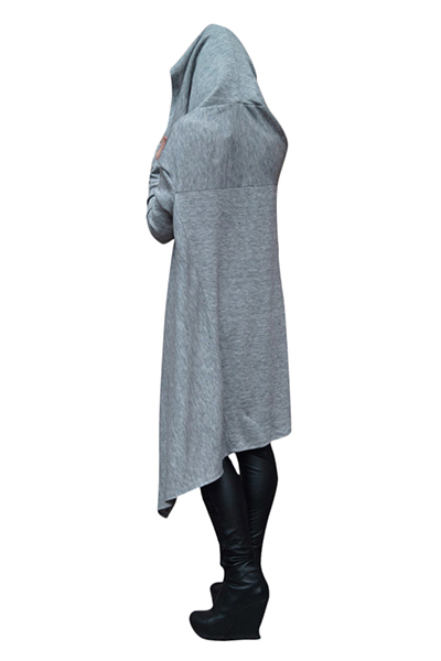 Leisure Long Sleeves Hooded Design Asymmetrical Light Grey Cotton Hoodie