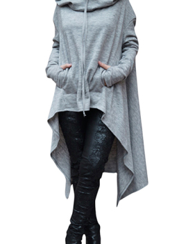 Leisure Long Sleeves Hooded Design Asymmetrical Light Grey Cotton Hoodie