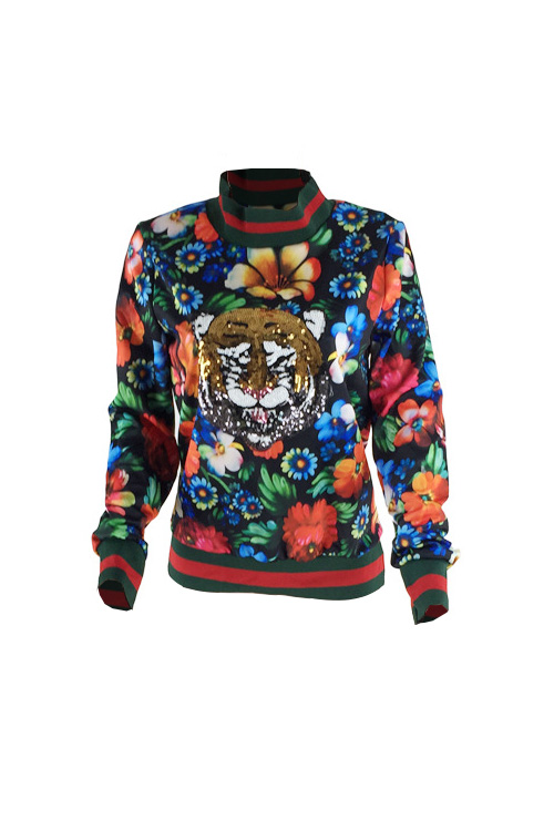 Leisure Round Neck Floral Printed Polyester Pullovers