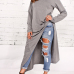 Leisure Round Neck Long Sleeves Grey Cotton Blends Pullovers 