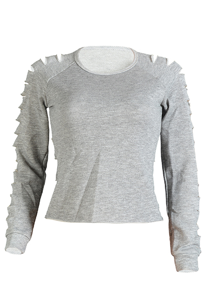 Leisure Round Neck Long Sleeves Hollow-out Grey Cotton Pullovers