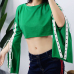 Leisure Round Neck Long Sleeves Lace-up Hollow-out Green Polyester Pullovers