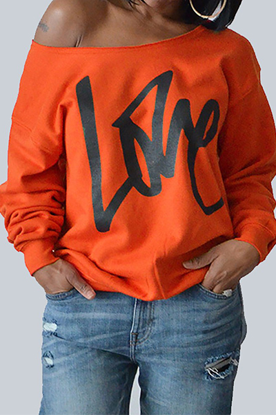 Leisure Round Neck Long Sleeves Letters Printing Orange Cotton Pullover