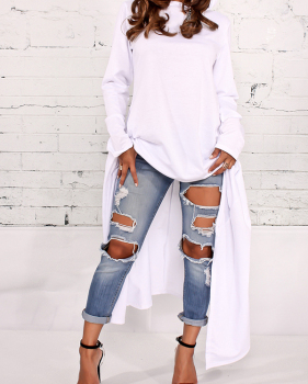 Leisure Round Neck Long Sleeves White Cotton Blends Pullovers 