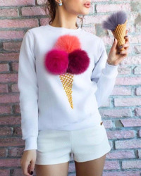 Leisure Round Neck Maomao Ball Decorative White Cotton Blends Pullovers