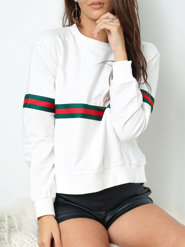 Leisure Round Neck Patchwork White Polyester Pullovers