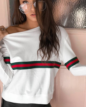 Leisure Round Neck Patchwork White Polyester Pullovers