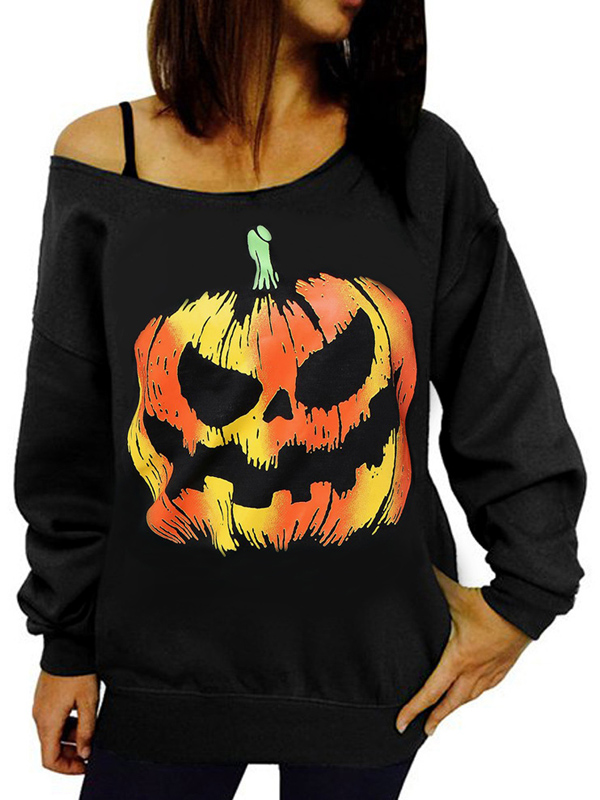 Leisure Round Neck Pumpkin Printing Black Cotton Pullovers(Halloween)