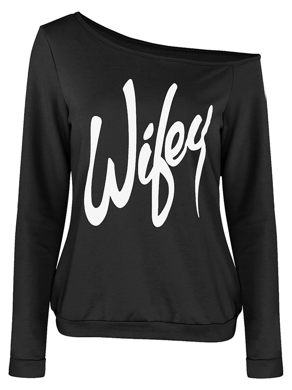 Trendy Dew Shoulder Letters Printed Black Cotton Blends Pullovers