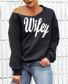 Trendy Dew Shoulder Letters Printed Black Cotton Blends Pullovers