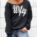 Trendy Dew Shoulder Letters Printed Black Cotton Blends Pullovers