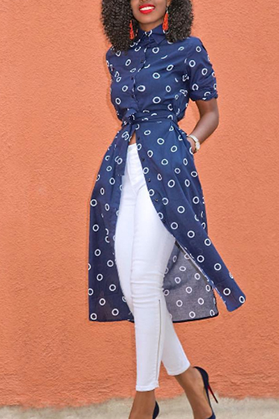 Trendy  Turndown Collar Three Quarter Sleeves Polka Dots Printed Blue Polyester Trench Coats