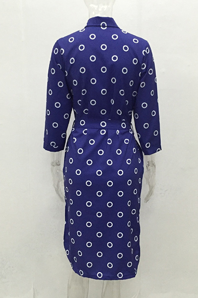 Trendy  Turndown Collar Three Quarter Sleeves Polka Dots Printed Blue Polyester Trench Coats