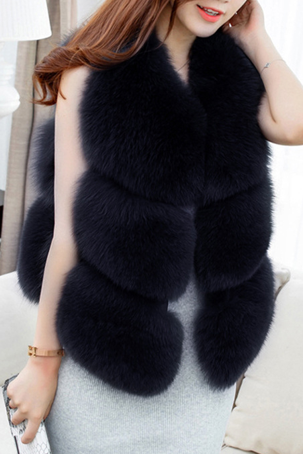  Euramerican V Neck Fur Design Black Waistcoats