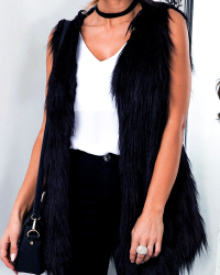  Faux Fur V Neck single breasted Regular Vests&Waistcoats