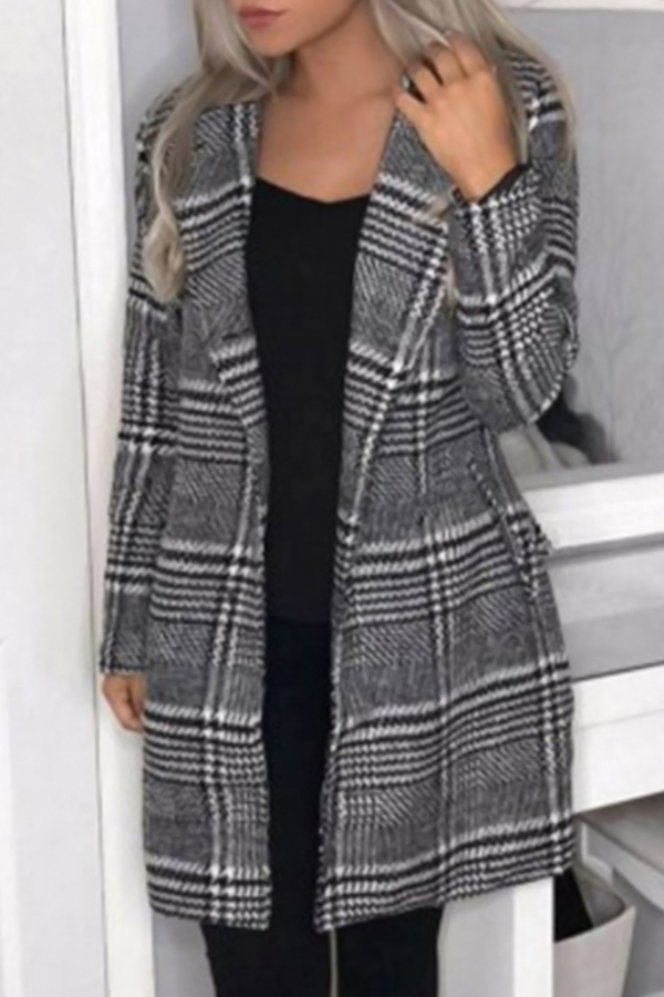  Fashionable Turndown Collar Plaids Design Grey Cotton Long Wool Coat(With Belt)