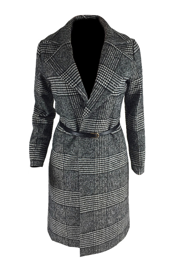  Fashionable Turndown Collar Plaids Design Grey Cotton Long Wool Coat(With Belt)