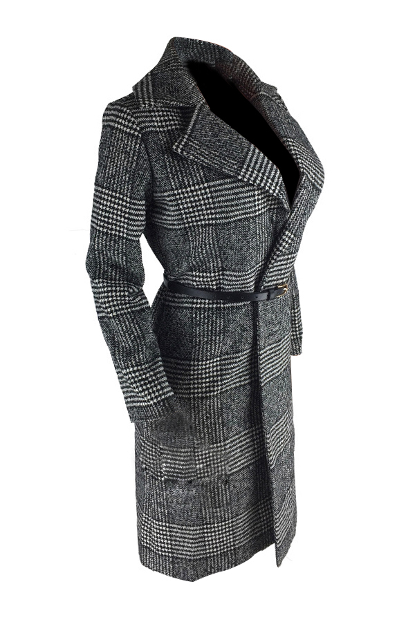  Fashionable Turndown Collar Plaids Design Grey Cotton Long Wool Coat(With Belt)