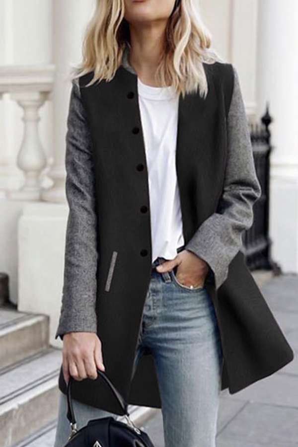  Stylish Turndown Collar Patchwork Black+Grey Polyester Coat