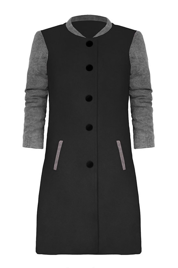  Stylish Turndown Collar Patchwork Black+Grey Polyester Coat