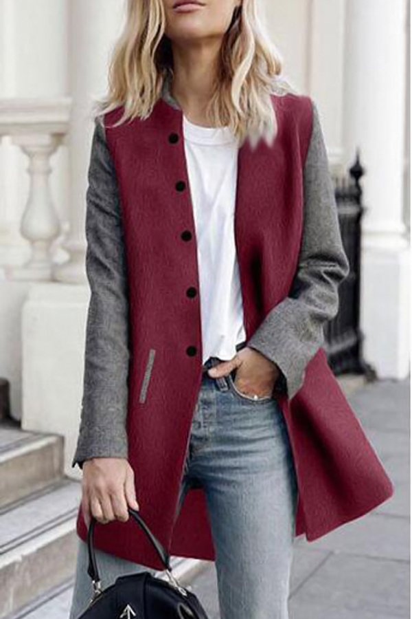  Stylish Turndown Collar Patchwork Wine+Grey Polyester Coat