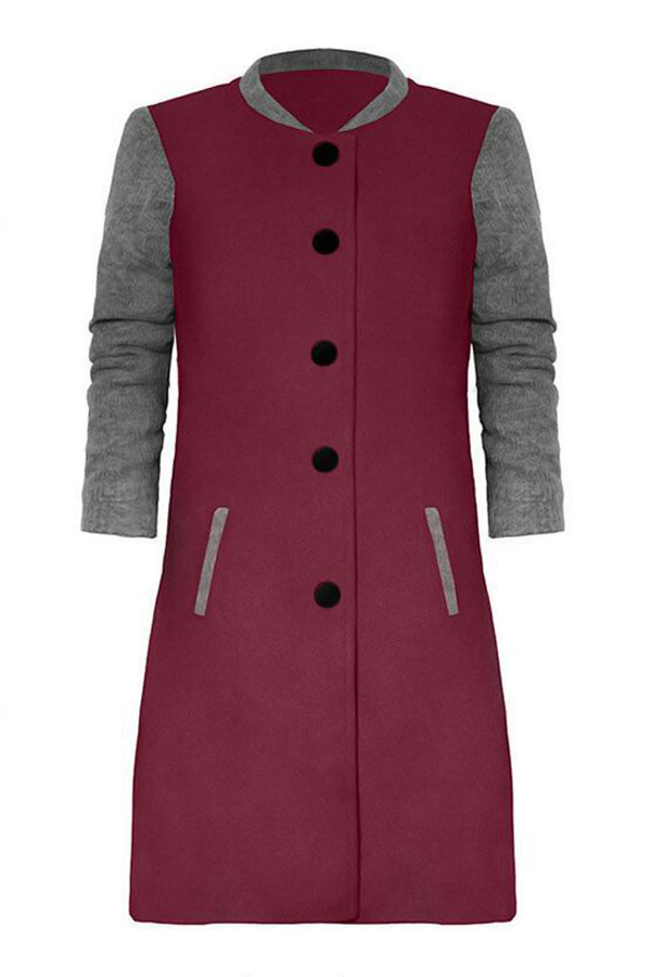  Stylish Turndown Collar Patchwork Wine+Grey Polyester Coat